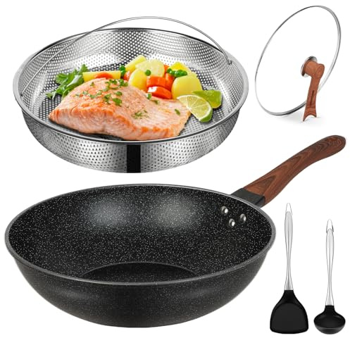 AOSION 13'' Nonstick Wok, Woks & Stir-Fry Pans Non Stick Wok with Lid and Steamer Basket Spatula Ladle, 100% PFOA Free Induction Wok Pan for Electric, Gas, Halogen, All Stoves