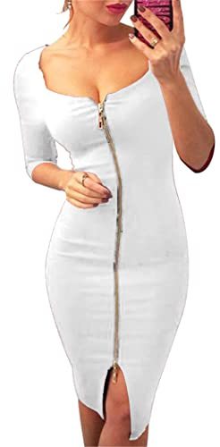 OMZIN Damen Figutbetontes Bodycon Kleid Tiefer Ausschnitt Reißverschluss Vorne Cocktailkleid Mini Partykleid