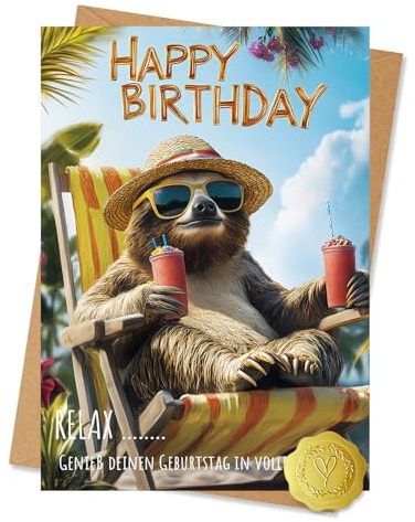 Vielucks Gemütlicher Faultier Geburtstagskarte inkl. Umschlag und Aufkleber, Lustige Geburtstagskarte Frau Mann,Schöne Geburtstagskarten, Birthday Card für Frauen Freundin, Glückwunschkarte Geburtstag
