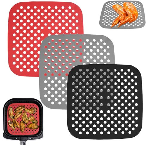 3 Stück Air Fryer Silikon Matten Liners, 21.5x21.5cm Antihaft Luftfritiereinlagen Matten, Luftfritteusen Silikon Matte mit Perforiertes, Wiederverwendbar Luftfritteuse Liner für Zuhause Restaurant