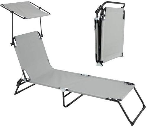 Stagecaptain CS-190 Sonnenliege klappbar mit Dach – Gartenliege 190 cm - Verstellbare Rückenlehne & Sonnendach - Wetterfest & faltbar für Garten, Balkon, Terrasse, Strand, Camping - Schwarz-Grau