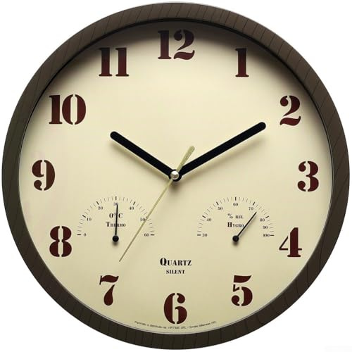 Yuanpgky Horloge murale d'extérieur avec thermomètre, hygromètre, 25,4 cm, silencieuse, étanche, pour terrasse, jardin, grain de bois marron foncé pour intérieur et extérieur (marron foncé)