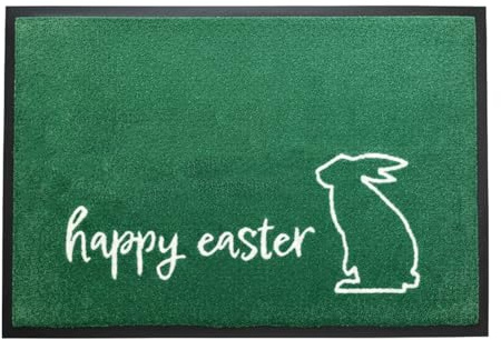 Kafloor Design Fußmatte Happy Easter | Ostern Schmutzfangmatte waschbar & rutschfest | Fußabtreter modern mit Osterhase in Grün für Innen & Außen 50 x 75 cm