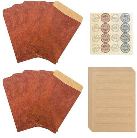 EJRUP Vintage Carta da Lettere con Busta, Carta da Lettere Decorata Busta Kraft Vintage, 10 Buste di Carta Vintage, 10 Carta Vintage Carta da Lettere e 16 Adesivo, per Scrivere e Disegni