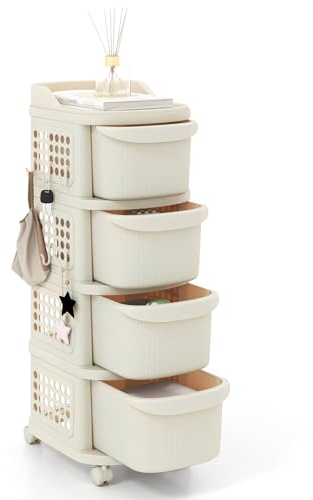 GIANTEX Rollwagen mit 3/4 Schubladen, Rollcontainer mit 6 Haken & 2 feststellbaren Rädern, mobiler Schubladenwagen für Werkzeuge, Dokumente (4 Schubladen)