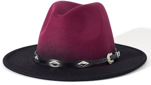 Lisianthus Gradient Color Fedora for Women & Men - Ombre Felt Hat with Classic Belt Buckle (Black Band, Burgundy)