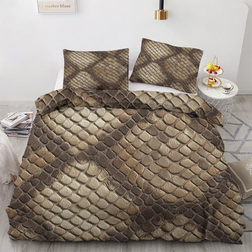 Snake Duvet Cover Full Size, Brown Snakeskin Reversible Bedding Set, Soft Microfiber Wild Animal Comforter Cover Set with 2 Pillowcases, Zipper Closure