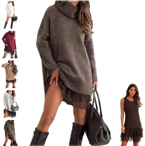 Blanche Robe Pull À Bordure en Dentelle, Nuisette Élégante avec Pull, Ensemble Pulls À Col Roulé Et Mini-Robe pour Femme Chic Elegant 2 Pièces Manches Longues Grande Taille Doux Pullover Débardeur XS