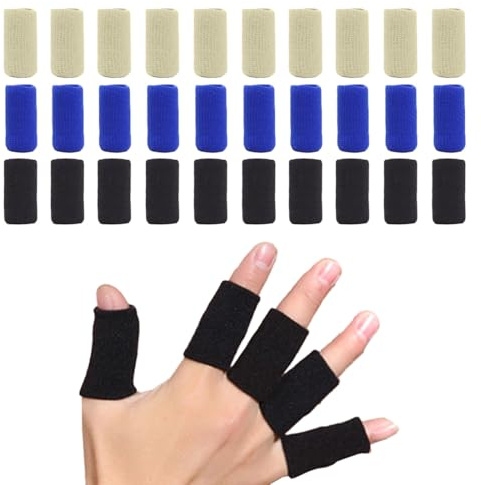 AEUXZA Pack de 30 Protector Dedos Deporte – Fundas Elásticas para Dedos Voleibol, Baloncesto & Gym – Férula Dedo (10x Negro, 10x Azul, 10x Piel)