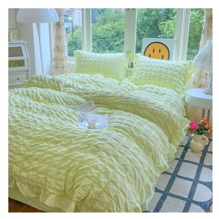 KEG801302 Soft 3/4 Pieces Boho Chic Ruffled Seersucker Bedding Set Soft Lightweight Comforter Cover Bed Sheet/Skirt Pillowcases Comforter Cover(Cream Green,Queen 200X230 4pcs)