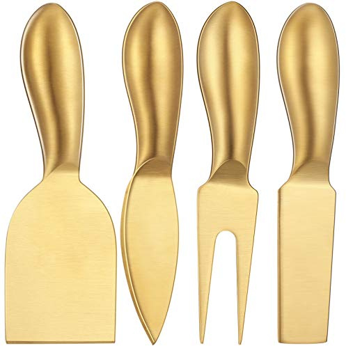 Patelai 4 Pcs Stainless Steel Cheese Knives Set, Gold Knife Fork Slicer Butter Knife Set for Charcuterie and Cheese Spread Kitchen Cooking Gift for Women