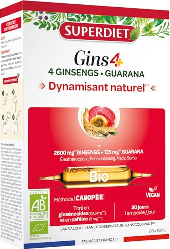 4 Ginseng et Guarana - BIO - Vitalité, tonus, Energie - Ampoules | Cure de 20 ampoules de 10 ml -Ginseng de Sibérie, Ginseng Panax CA Meyer, Maca, Suma- Vegan- Fabrication française- Superdiet