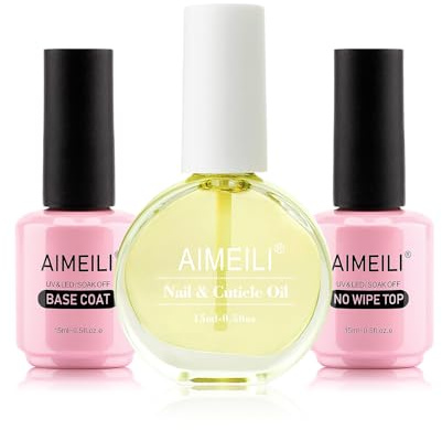 AIMEILI No Wipe Top Coat Base Coat Aceite para cutículas Kit Semipermanente Capa Superior Esmalte Semipermanente para Uñas UV LED Soak Off Uñas De Gel 3×15ml