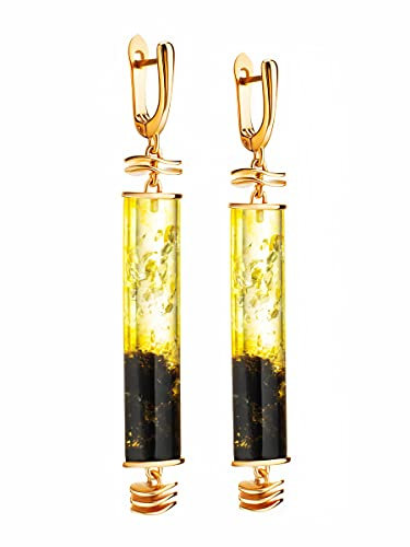 Pendientes de ámbar en oro rosa, plata de ley 925, color - amarillo, verde, pendientes de ámbar de oro rosa, pendientes largos, L, Ámbar Plata Oro rosa, Ámbar