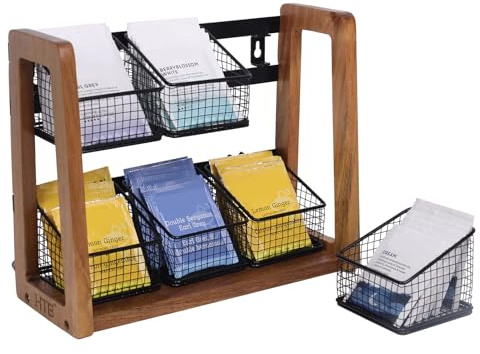 HTB 2 Tier Tea Organizer for Tea Bags, Tea Bag Holder with Acacia Wood Stand and 6 Removable Metal Basket for Sugar Packets, Sweeteners, Creamers for Cabinet, Countertop or Wall-mounted