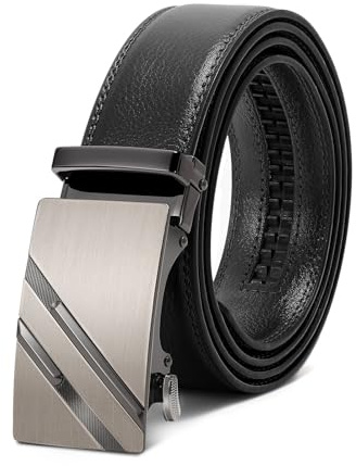 WERFORU Ceinture pour homme, réglable en cuir, ajustement 3,5 cm, boucle automatique pour homme, pour costume et jean, C-noir avec métal gris, 130 cm(für Taillenumfang 90-110cm)