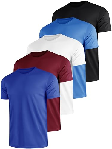 E-LIINJOYE Lot de 5 t-shirts de sport à manches courtes pour homme - Évacuation de l'humidité - Séchage rapide - Respirant - Pour la gym, la course à pied - Col rond, (bleu/rouge date/noir/blanc/bleu