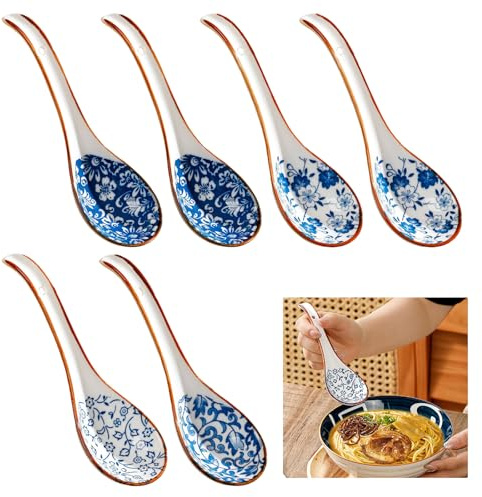 Xiuyer 6Pcs Cuillères à Soupe Japonaises Et Coréennes Poignée Incurvée Céramique Ramen Chinoise Cuillère à Riz Cuillère à Soupe Pour Céréales Ramen Pho Wonton Bouillie