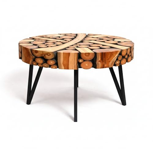 Brillibrum Design – Teakholz Baumscheibentisch – Handgefertigter Beistelltisch – Teak Couchtisch rund – Dreibein Tisch – ca. 45 x 55 cm (HxØ)