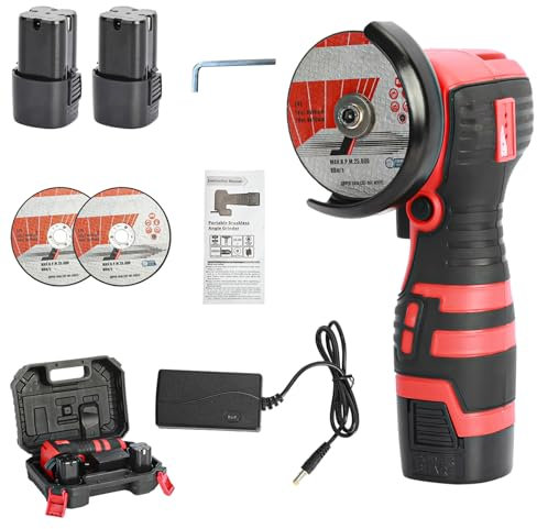 Cordless Angle Grinder 18V, Mini Angle Grinder with 2 * 1500mAh Batteries 19500RPM, 75mm Disc, Brushless Mini Grinders Tool for Cutting, Polishing and Sanding, Black and Red