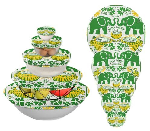 5 coperture elastiche riutilizzabili per ciotole, in 5 dimensioni, per alimenti, frutta, insalata, ecologiche (motivo simmetrico a tema thailandese)