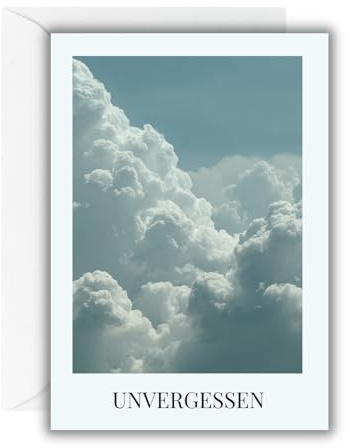 WBdesignz Trauerkarte „Unvergessen“ mit weißem Umschlag – hochwertige Beileidskarte mit Wolkenmotiv – liebevolle Anteilnahme, Beerdigung, Beileidsbekundungen, Mitgefühl & bleibende Erinnerung (DIN A6)