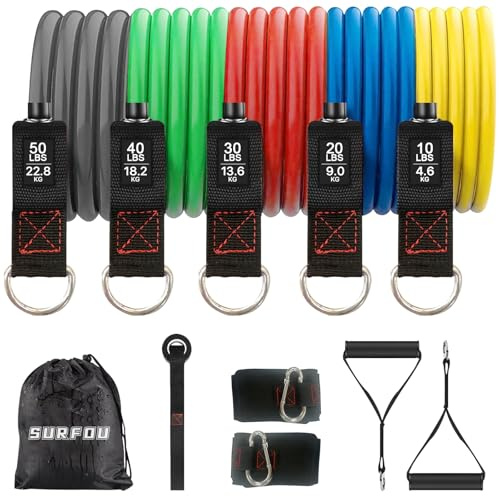 SURFOU Fitnessbänder Set, 5 Widerstandsbänder mit Griffen, Türanker & Knöchelriemen, mit Trainingsplakat und Tragetasche, ideal für Krafttraining, Pilates & Zuhause Workout