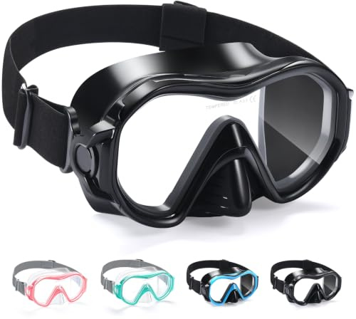 Supertrip gafas de buceo para adultos con protector nasal, gafas de natación con cinta ajustable y cristal templado HD 180°, máscara de buceo para hombres, mujeres y jóvenes