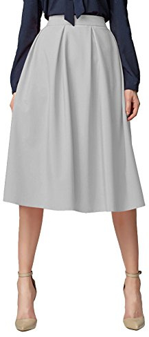 Urban GoCo Donna Vintage Vita Alta Pieghe a Campana Gonna Linea A con Tasche Midi Gonna Longuette (L, Grigio Chiaro)