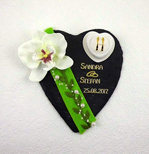 Ringkissen aus Schiefer personalisiert – Geschenk zur Hochzeit, Hochzeitsgeschenk personalisiert,Geschenk für Brautpaar,Geschenkidee Hochzeit, Ringhalter mit Gravur & Herz für Eheringe, Handarbeit
