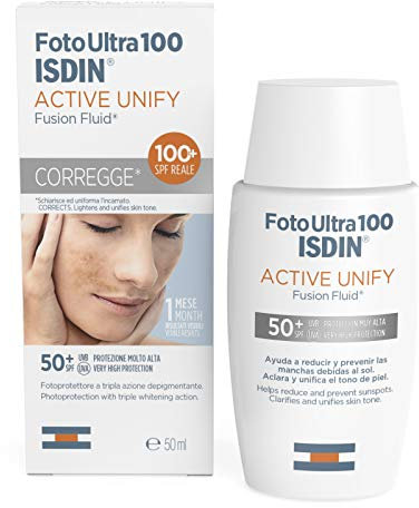 FotoUltra100 ISDIN Active Unify LSF 50+ 50 ml, hellt und gleicht den Teint aus | Lichtschutz mit dreifacher Entpigmentierung