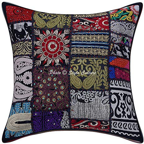 Stylo Culture Boho Forros De Cojines Decorativa 40x40 cm Algodón Abstracto Fundas Almohadones Sofa Negro 16x16 Inch Patchwork Vintage Cuadrado sobre Cojin para La Cama - 1 Pc