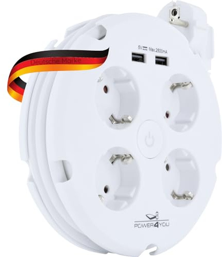 SCHWAIGER 661538 Runde Mehrfachsteckdose Kabeltrommel 4-Fach Steckdosenleiste Multifunktionssteckdose Haushaltssteckdose (max. 3680W) 2X USB-Anschluss (2,5A) EIN-Ausschalter 1,5 m Kabel