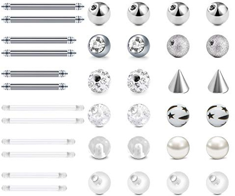 LAURITAMI 24pcs Ricambio Piercing Palline Acciaio Chirurgico & Acrilico 5mm 14G Lingua Ombelico Capezzolo Industrial Bars Barbell Corpo Gioielleria