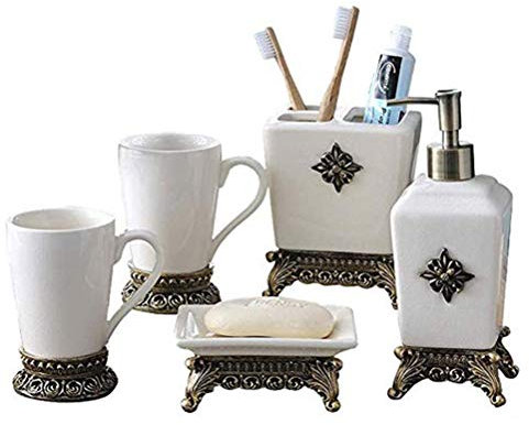 Tauzveok Keramik Bad-Accessoires Set Vintage, Elegant, Luxuriös Badezimmer Vanity Organizer 5 Stück Set, Geeignet Für Die Studie Raum des Hotels,Weiß