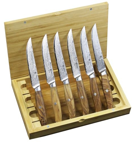 Wakoli Damast 6er Damast Steakmesser-Set I 12,5 cm Klingen gefertigt aus 67 Lagen echtem Damaststahl mit edlen Olivenholzgriffen und Hammerschlag I Premium Küchenmesser & Profi Kochmesser