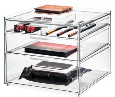 iDesign Make-up Organizer, Schmink Aufbewahrung mit 3 Schubladen aus der Signature Series by Sarah Tanno, Mini Kommode mit Schubladen aus Kunststoff für Make-up und Tools, Transparent