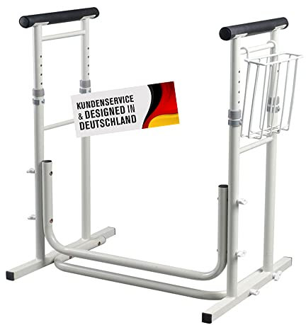 Mobile WC/Klo Aufstehhilfe rutschfest mit Ablagekorb - Toiletten Halteschiene - Toilettenstützgestell - Haltegriff - Stützgriff - Haltegriff für Bad - stabil (Höhenverstellbar)