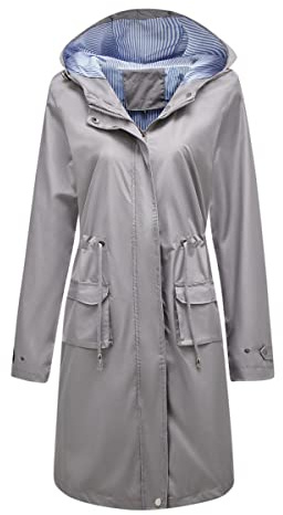 YUNCLOS Giacca antipioggia impermeabile leggera lunga traspirante antivento impermeabile trench cappotti con cappuccio, Grigio, S