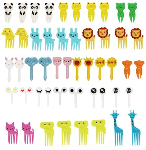 Mini tenedores de frutas de dibujos animados, palillos de dientes accesorios para bento, mini pinchos palillos de dientes adultos postre frutas fiesta (50 unidades Color aleatorio)