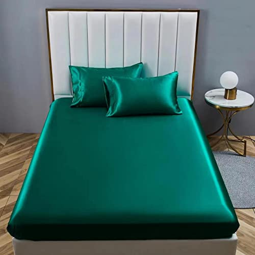 Boqingzhu Satin Spannbettlaken 160x200cm Dunkelgrün Grün Uni Einfarbig Seide Spannbetttuch Microfaser Bettlaken für bis 30cm Matraze