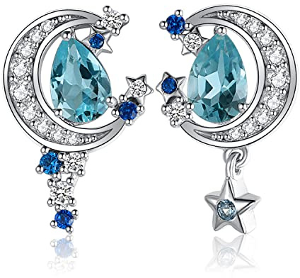 JewelryPalace Moon And Star Drop Cut 2,2ct äkta Blå Topas Skapad Safir Stiftörhängen Silver 925 Damer, Smyckeset Med Blå Topassten, örhängen Silver ädelstenar Flickor, Modesmycken För Kvinnor