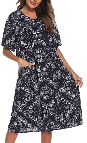 COSUNIONY Abiti da casa da donna in cotone a maniche corte cappotto da casa con bottoni giù spolverino accappatoio con tasche S-XXL, Navy, L
