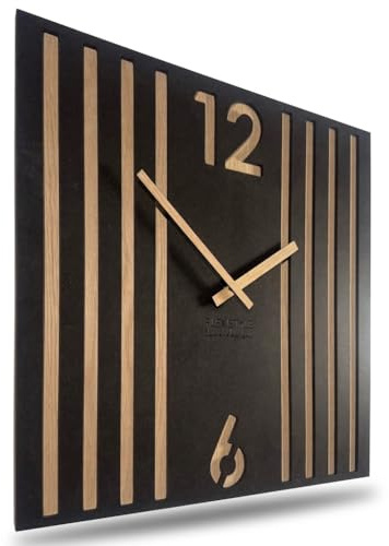 FLEXISTYLE Quadratische Wanduhr ohne tickgeräusche modern LAMELE 30cm Holz Eiche schwarz Wohnzimmer ohne tickgeräusche
