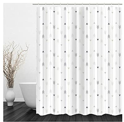 Whoiy Badewannenvorhang 180X180, Duschrollo Um Die Ecke Polyester Shower Curtains Pfeillinie Grau Weiß für Outdoor Hotel
