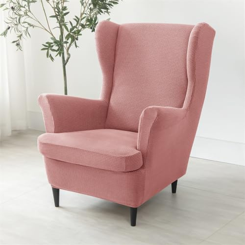 Highdi Ohrensessel Überzug 2-Teilig Stretch Sesselbezug aus Jacquard Kariert, Sesselüberwürfe Mode Einfarbig Sesselhusse für Strandmon Ohrensessel Relaxsessel Fernsehsessel (Rosa)