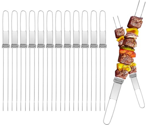 13inch 12(packs) Double Fork Flat Stainless Steel BBQ Skewers with Push Bar, Reusable Skewers for Grilling Kabob Skewer for Meat, Vegetable, BBQ Accessories