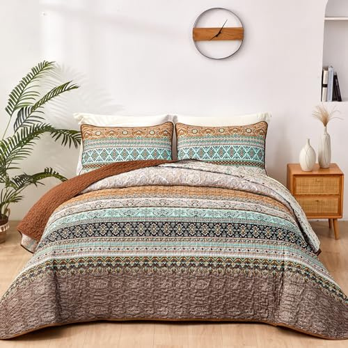 WONGS BEDDING Boho Fall Quilt Set King, Brown Bohemian Quilt Bedding Set, Ultra Soft Lightweight Bed Decor Bedspread for All Season Reversible Microfiber Coverlet Bedding Set 103x90(3 Pieces)
