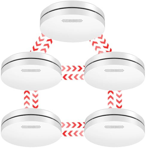 CPVAN Rauchmelder Vernetzt 10 Jahre Batterie mit Klebepad | Ohne Bohren, EN14604 Geprüft Funk Feuermelder, Entspricht der Europäischen Norm Feuermelder, 5er Set