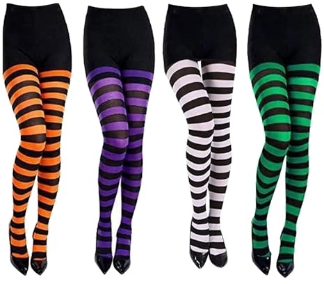HAICN 4 par randiga tajta kvinnor flerfärgade halloween randiga strumpbyxor hög midja full längd tights leggings strumpor för cosplay strumpbyxor, Svart, en storlek
